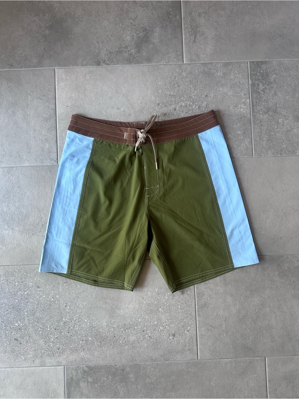 NWOT Olive & Light Blue BIRDWELL Board Shorts with Brown Waistband